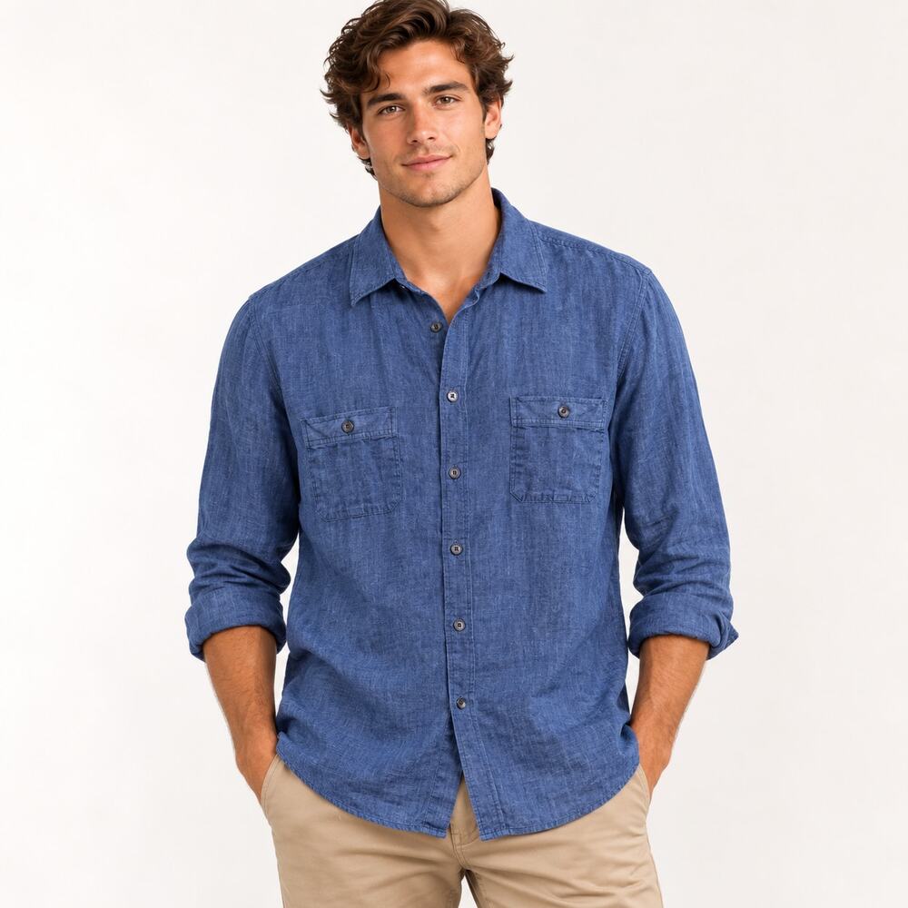 Perry Ellis Linen Blend Button-Up Shirt Men's Size XL Blue Coastal Office Casual